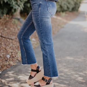 Risen high rise raw hem ankle straight jeans